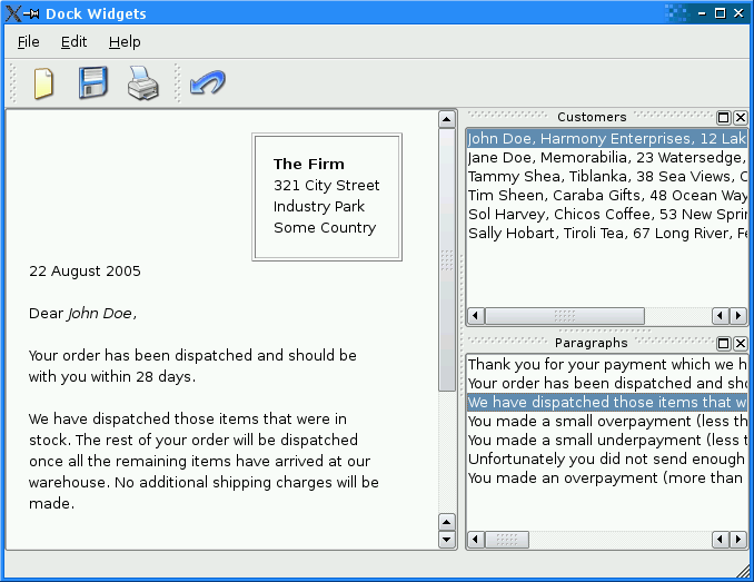 Screenshot of the Dock Widgets example